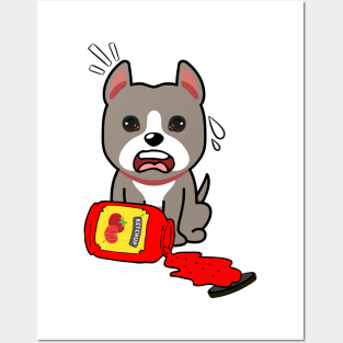 Funny grey dog spilled tomato ketchup Posters and Art